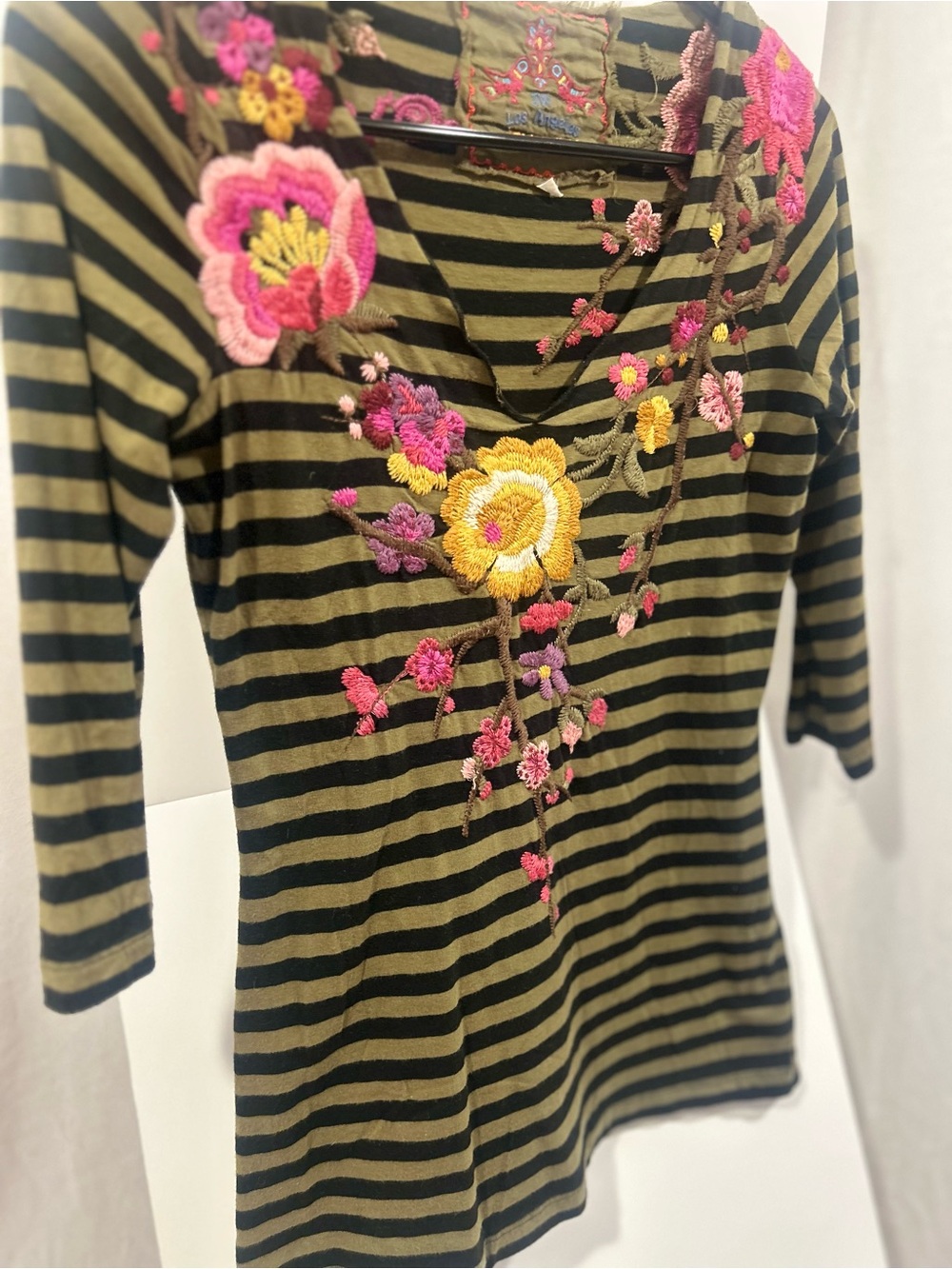 Johnny Was Striped Love Embroidered Floral V-Neck Top - Olive & Black